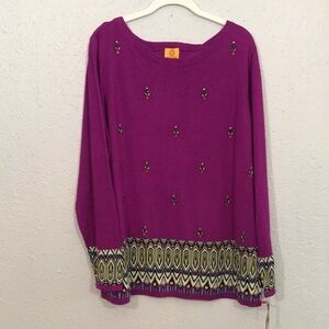 Ruby Rd. Women Beaded Boho Fuchsia NWT Long Sleeve Sweater size XL